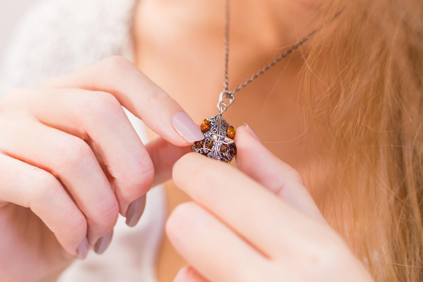 Fabergé Inspired Amber Egg Locket Necklace