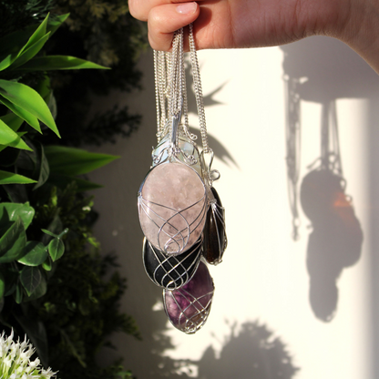 Swirl Wrapped Gemstone Necklace - Rose Quartz